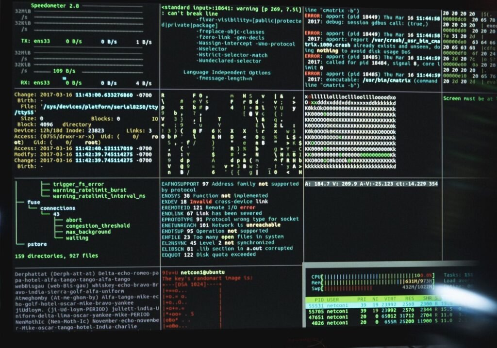 ulti-panel terminal dashboard showing system monitoring, network data, and process logs representing the Model Context Protocol's client-server architecture